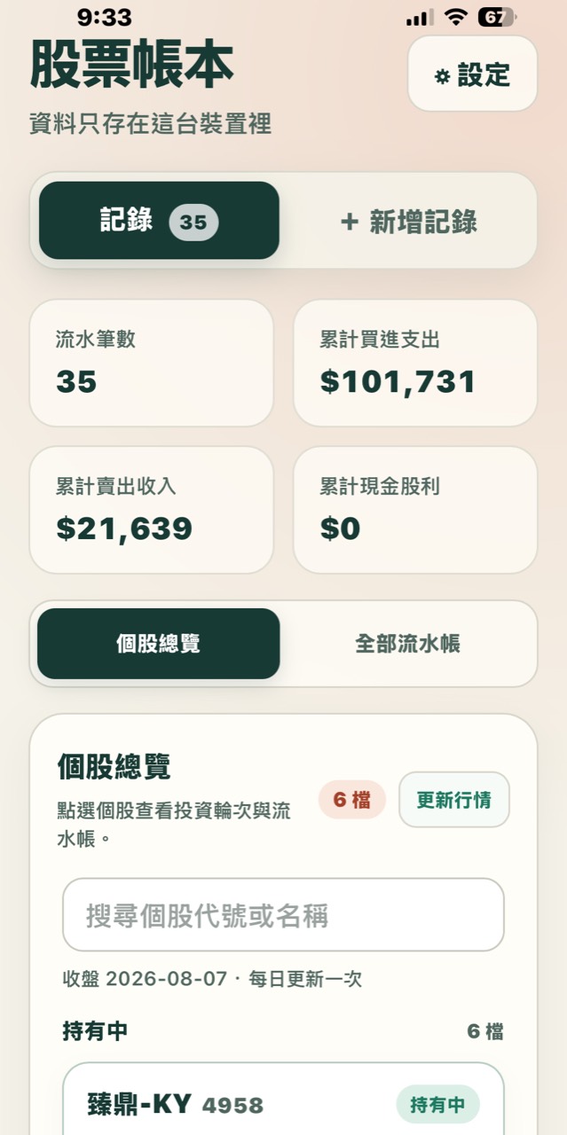 股票帳本的個股總覽畫面,顯示流水筆數、累計買進支出、個股總覽與持有中股票。
